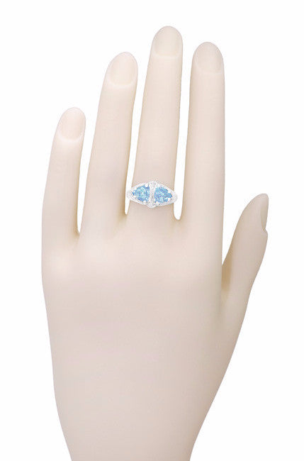 Art Deco Loving Duo Filigree Blue Topaz Trillions 2 Stone Ring in 14 Karat White Gold - Item: R1129 - Image: 4