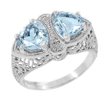 Art Deco Loving Duo Filigree Blue Topaz Trillions 2 Stone Ring in 14 Karat White Gold