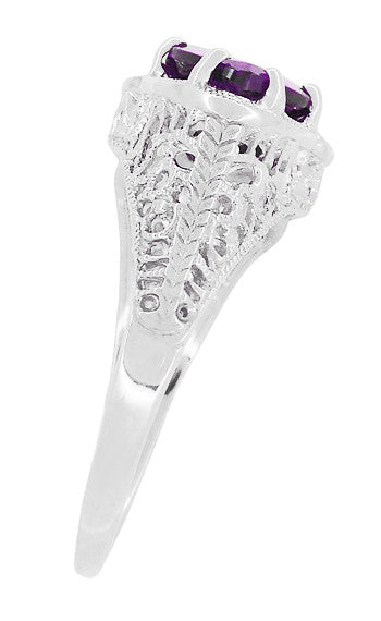 Art Deco Filigree Loving Duo East to West Amethyst Ring in 14 Karat White Gold - February Birthstone - Item: R1129AM - Image: 3