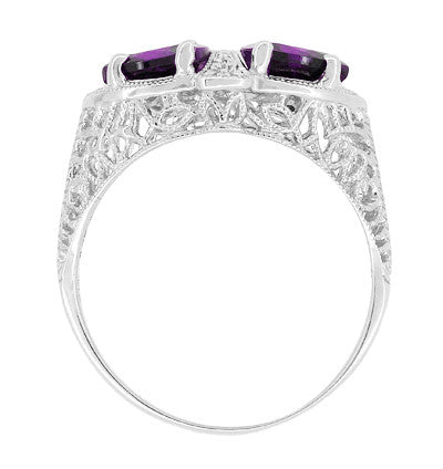Art Deco Filigree Loving Duo East to West Amethyst Ring in 14 Karat White Gold - February Birthstone - Item: R1129AM - Image: 4