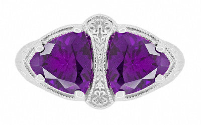 Art Deco Filigree Loving Duo East to West Amethyst Ring in 14 Karat White Gold - February Birthstone - Item: R1129AM - Image: 5