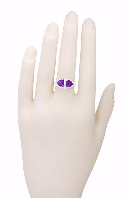 Art Deco Filigree Loving Duo East to West Amethyst Ring in 14 Karat White Gold - February Birthstone - Item: R1129AM - Image: 6