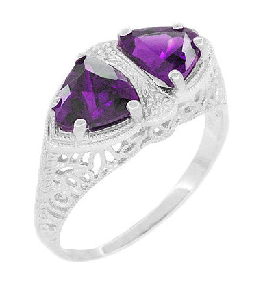 Art Deco Filigree Loving Duo East to West Amethyst Ring in 14 Karat White Gold - February Birthstone - alternate view