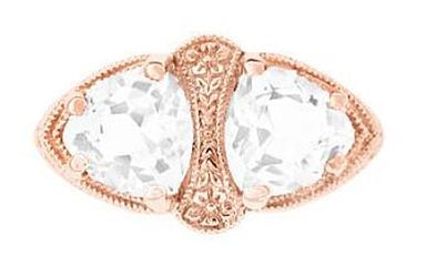 Art Deco 14 Karat Rose Gold Filigree White Topaz Loving Duo Ring - alternate view