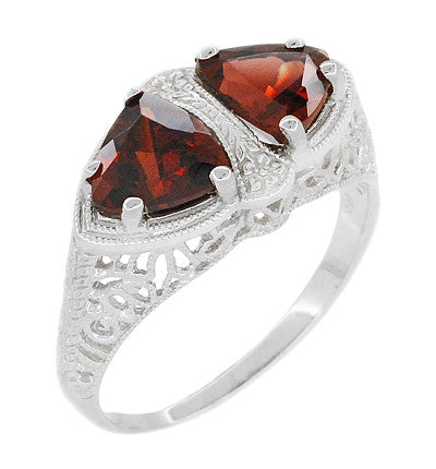 Art Deco Filigree Loving Duo Almandite Garnet Ring in 14 Karat White Gold - January Birthstone - Item: R1129WG - Image: 2