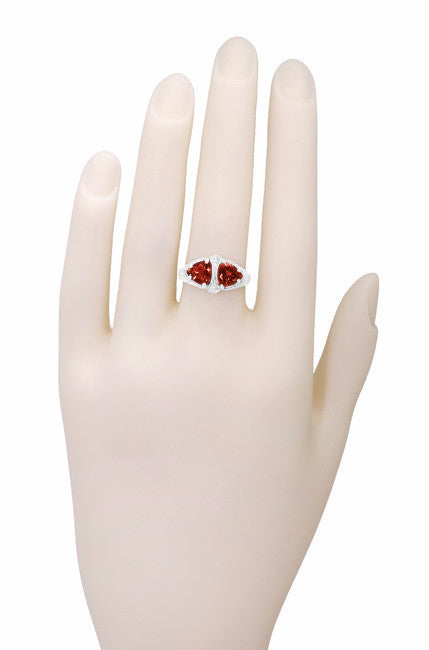 Art Deco Filigree Loving Duo Almandite Garnet Ring in 14 Karat White Gold - January Birthstone - Item: R1129WG - Image: 6