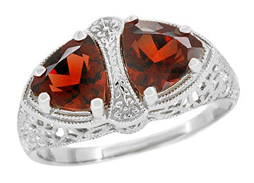 Art Deco Filigree Loving Duo East West Antique Almandine Garnet Ring in White Gold - January 2 Birthstone Ring - R1129WG
