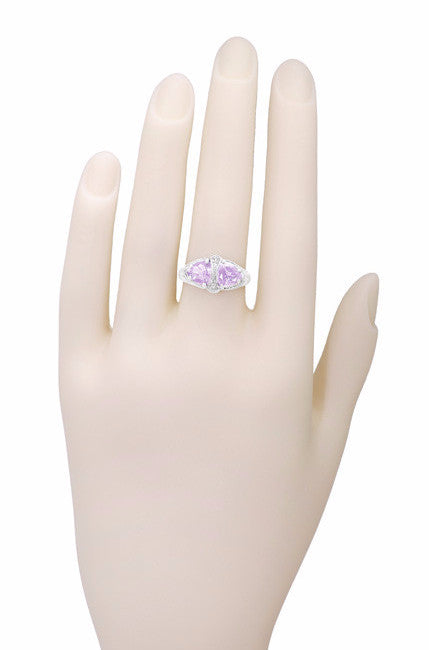 Art Deco Rose de France Amethyst Loving Duo Filigree Ring in 14 Karat White Gold - Item: R1129WRF - Image: 4