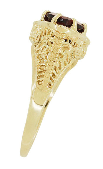 Art Deco Filigree Trillion Almandine Garnet Loving Duo Ring in 14K Yellow Gold - Item: R1129YG - Image: 3
