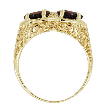 Art Deco Filigree Trillion Almandine Garnet Loving Duo Ring in 14K Yellow Gold - Item: R1129YG - Image: 4