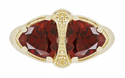 Art Deco Filigree Trillion Almandine Garnet Loving Duo Ring in 14K Yellow Gold - Item: R1129YG - Image: 5