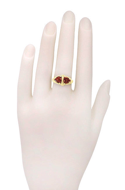 Art Deco Filigree Trillion Almandine Garnet Loving Duo Ring in 14K Yellow Gold - Item: R1129YG - Image: 6