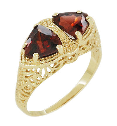 Art Deco Filigree Trillion Almandine Garnet Loving Duo Ring in 14K Yellow Gold - Item: R1129YG - Image: 2