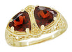 Art Deco Filigree Yellow Gold Vintage Almandine Garnet 2 Stone Ring - 2 Trillion Garnets - R1129YG