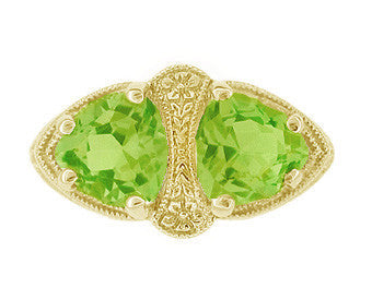 Art Deco Filigree Vintage Peridot Toi et Moi Ring in 14K Yellow Gold - 2 Stones - R1129YPER