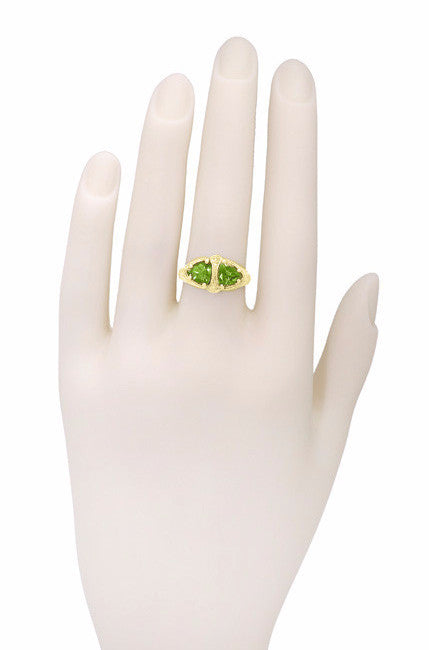Art Deco Filigree Peridot Loving Duo Trillion Ring in 14 Karat Yellow Gold - Item: R1129YPER - Image: 4