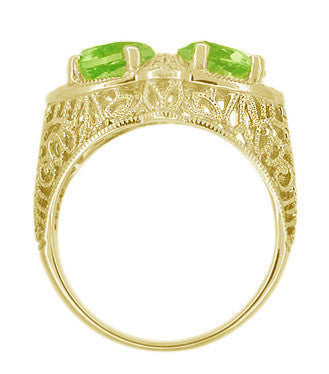 Art Deco Filigree Peridot Loving Duo Trillion Ring in 14 Karat Yellow Gold - alternate view