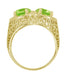 Art Deco Filigree Peridot Loving Duo Trillion Ring in 14 Karat Yellow Gold
