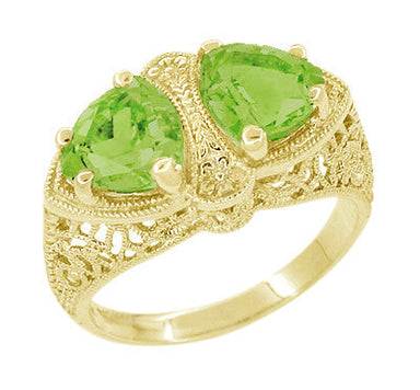 Art Deco Filigree Peridot Loving Duo Trillion Ring in 14 Karat Yellow Gold