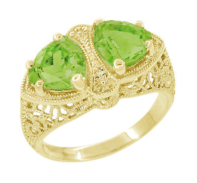 Art Deco Filigree Peridot Loving Duo Trillion Ring in 14 Karat Yellow Gold