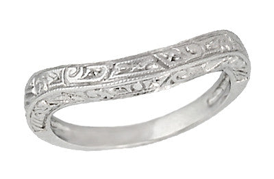 Curved Engraved Art Deco Vintage Style Scrolls Wedding Ring in 14K or 18K White Gold