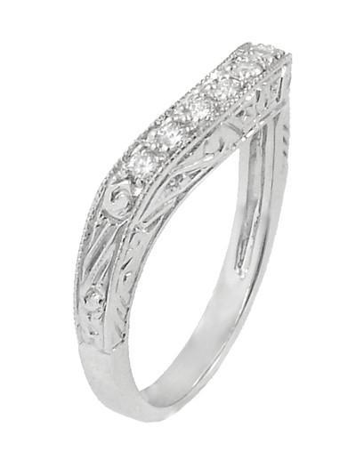 White Gold Engraved Art Deco Scrolls Contoured Diamond Wedding Band - 14K or 18K - Item: R1137WD - Image: 3