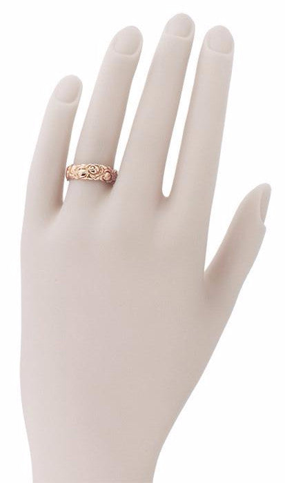 Retro Carved Roses 14 Karat Rose Gold Wedding Band - 6.3mm Wide - Item: R1144R - Image: 3