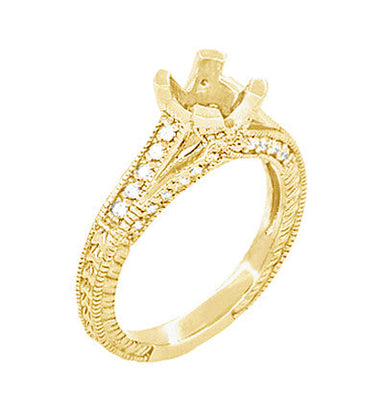 Yellow Gold Antique Inspired X & O Kisses 1 Carat Round or Asscher Diamond Engagement Ring Semimount - alternate view