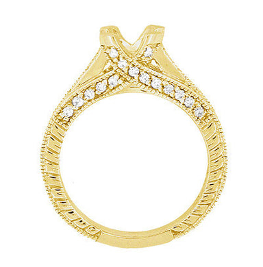 Yellow Gold Antique Inspired X & O Kisses 1 Carat Round or Asscher Diamond Engagement Ring Semimount