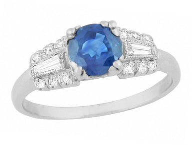 Belden Art Deco Vintage Platinum Cornflower Blue Sapphire Engagement Ring with Side Baguette Diamonds