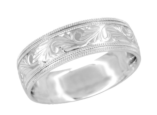 Men's Art Deco Hand Engraved Vintage Scrolls Double Millgrain Edge 7mm Wide Wedding Band in White Gold