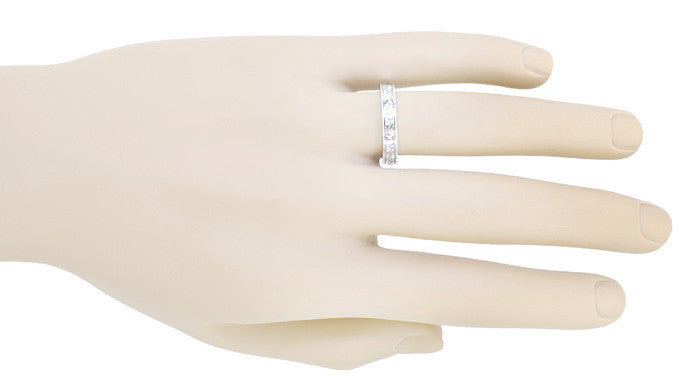 Mens Art Deco Antique Style Engraved Floral Fan Millgrain Edged Wedding Ring in White Gold | 4mm - Item: R1159W10 - Image: 4