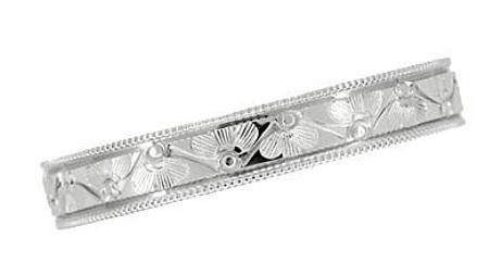 Mens Art Deco Antique Style Engraved Floral Fan Millgrain Edged Wedding Ring in White Gold | 4mm - Item: R1159W10 - Image: 2