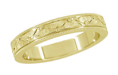 1920's Design Art Deco Yellow Gold Vintage Style Engraved Floral Wedding Ring with Millgrain Edging - 4mm Wide