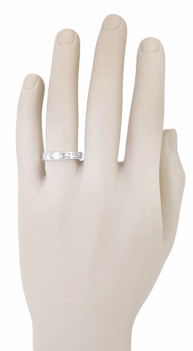 Antique Style Art Deco Flowers and Leaves Millgrain Edged Wedding Band in White Gold - 4mm Wide - Item: R1160W10 - Image: 4