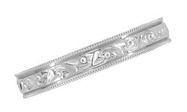 Antique Style Art Deco Flowers and Leaves Millgrain Edged Wedding Band in White Gold - 4mm Wide - alternate view