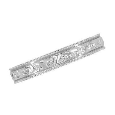 Antique Style Art Deco Flowers and Leaves Millgrain Edged Wedding Band in White Gold - 4mm Wide - alternate view