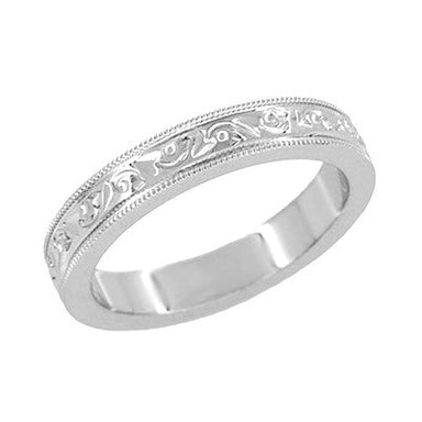 Antique Style Art Deco Flowers and Leaves Millgrain Edged Wedding Band in White Gold - 4mm Wide