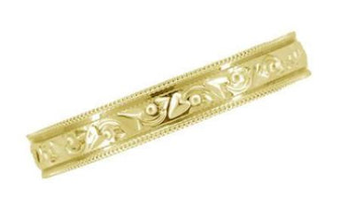 Art Deco Carved Flowers and Leaves Millgrain Edged Vintage Style Yellow Gold Wedding Band - 4mm - alternate view