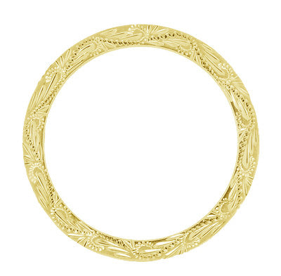Western Hand Engraved Scrolls & Leaves Antique Style Wedding Band in Yellow Gold - 5mm Wide - Item: R1161Y10 - Image: 3