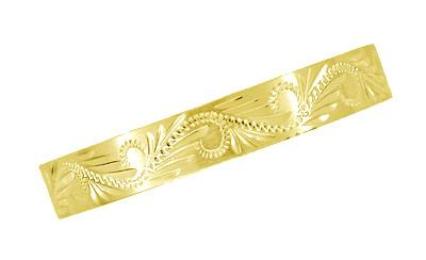 Western Hand Engraved Scrolls & Leaves Antique Style Wedding Band in Yellow Gold - 5mm Wide - Item: R1161Y10 - Image: 2
