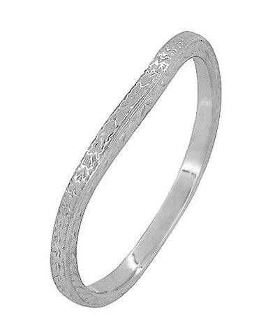Art Deco Engraved Wheat Thin Curved Wedding Ring in White Gold - alternate view