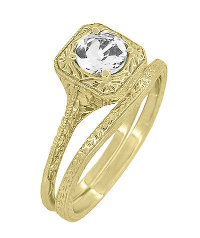 Yellow Gold Art Deco Engraved Wheat Contoured Thin Wedding Ring - Item: R1166Y10 - Image: 4