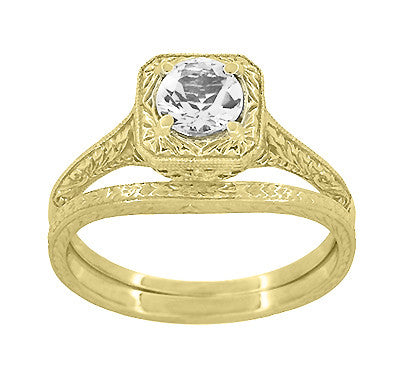 Yellow Gold Art Deco Engraved Wheat Contoured Thin Wedding Ring - Item: R1166Y10 - Image: 5