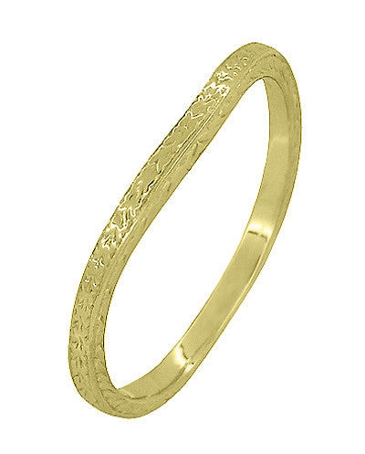 Yellow Gold Art Deco Engraved Wheat Contoured Thin Wedding Ring - Item: R1166Y10 - Image: 2