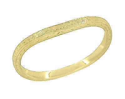 Yellow Gold Art Deco Engraved Wheat Contoured Thin Wedding Ring