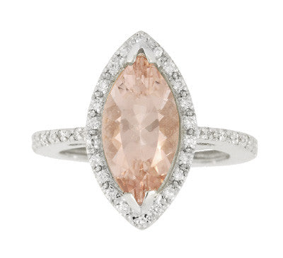 Mid Century Marquise Morganite Statement Ring with Diamonds in 18 Karat White Gold
