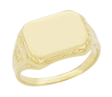 Yellow Gold Vintage Rectangle Seal Signet Ring for Men with Side Sculptural Carved Design - R1169Y
