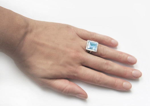 Mid Century Modern Emerald Cut 6.2 Carat Aquamarine Ballerina Ring with Diamonds in 18 Karat White Gold - Item: R1176WA - Image: 6