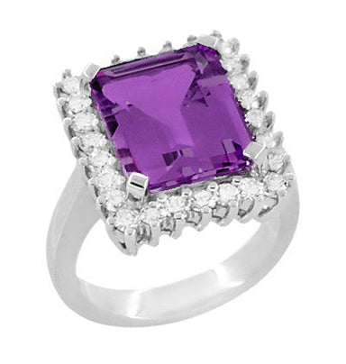 1950's Vintage Retro Modern Ballerina Amethyst Cocktail Ring Framed with Diamonds - 18K White Gold Amethyst Statement Ring- R1176WAM